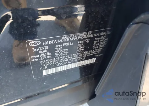 2020 Hyundai Santa Fe Limited 2.0T z USA, uszkodzony, nr VIN 5NMS53AA2LH219226